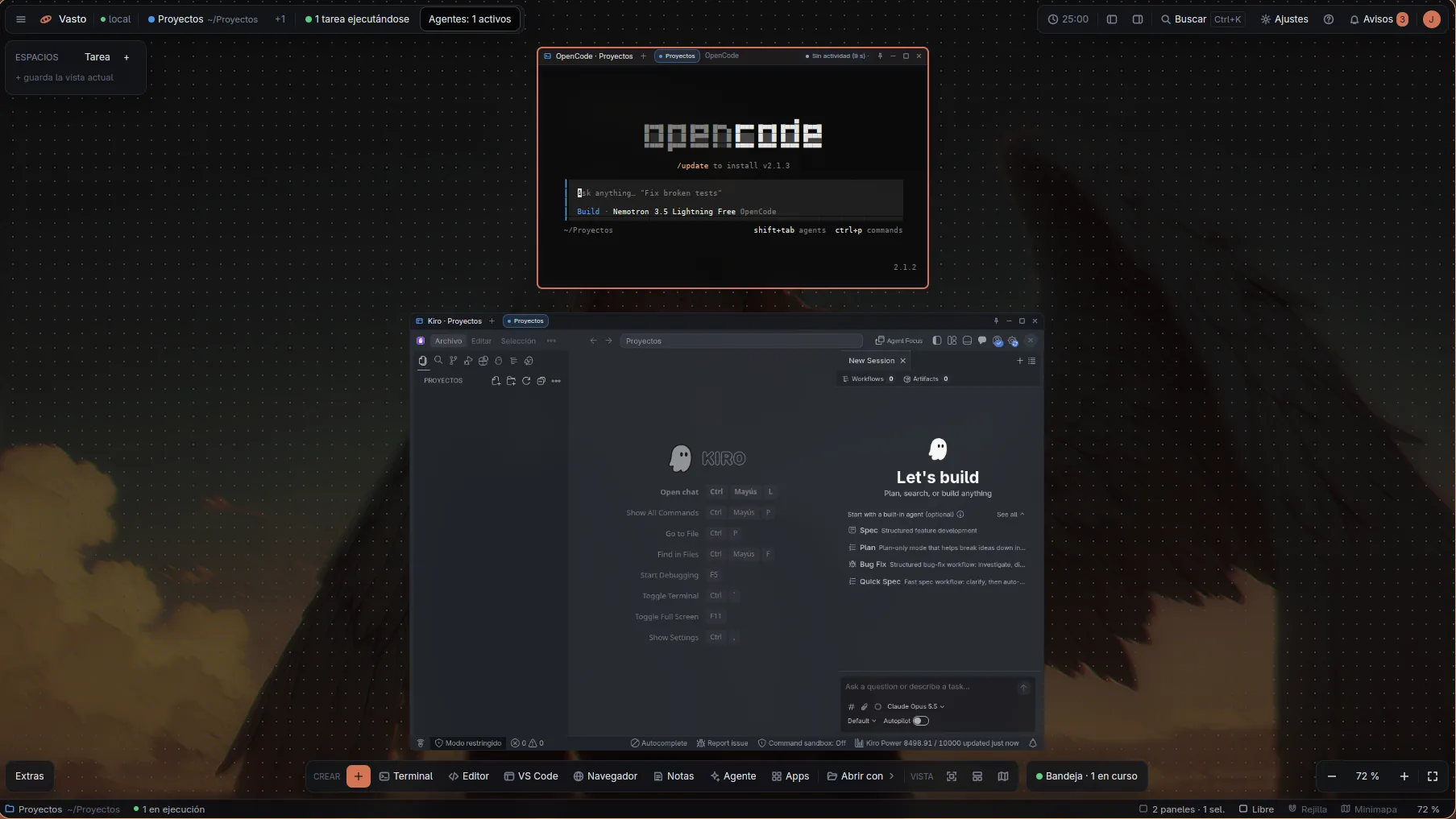 Lienzo de Vasto con un agente OpenCode y Kiro abiertos dentro de paneles, sobre un fondo ilustrado