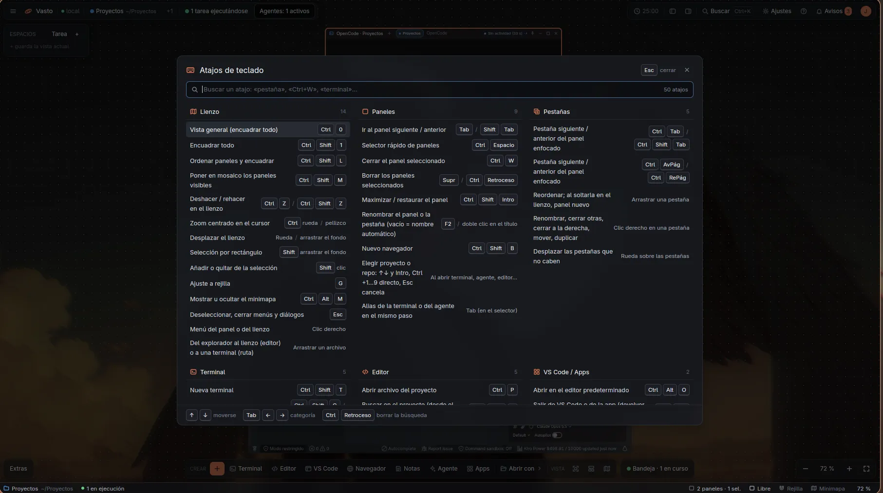 Ayuda de atajos (F1) con buscador y categorías Lienzo, Paneles, Pestañas, Terminal, Editor y VS Code / Apps