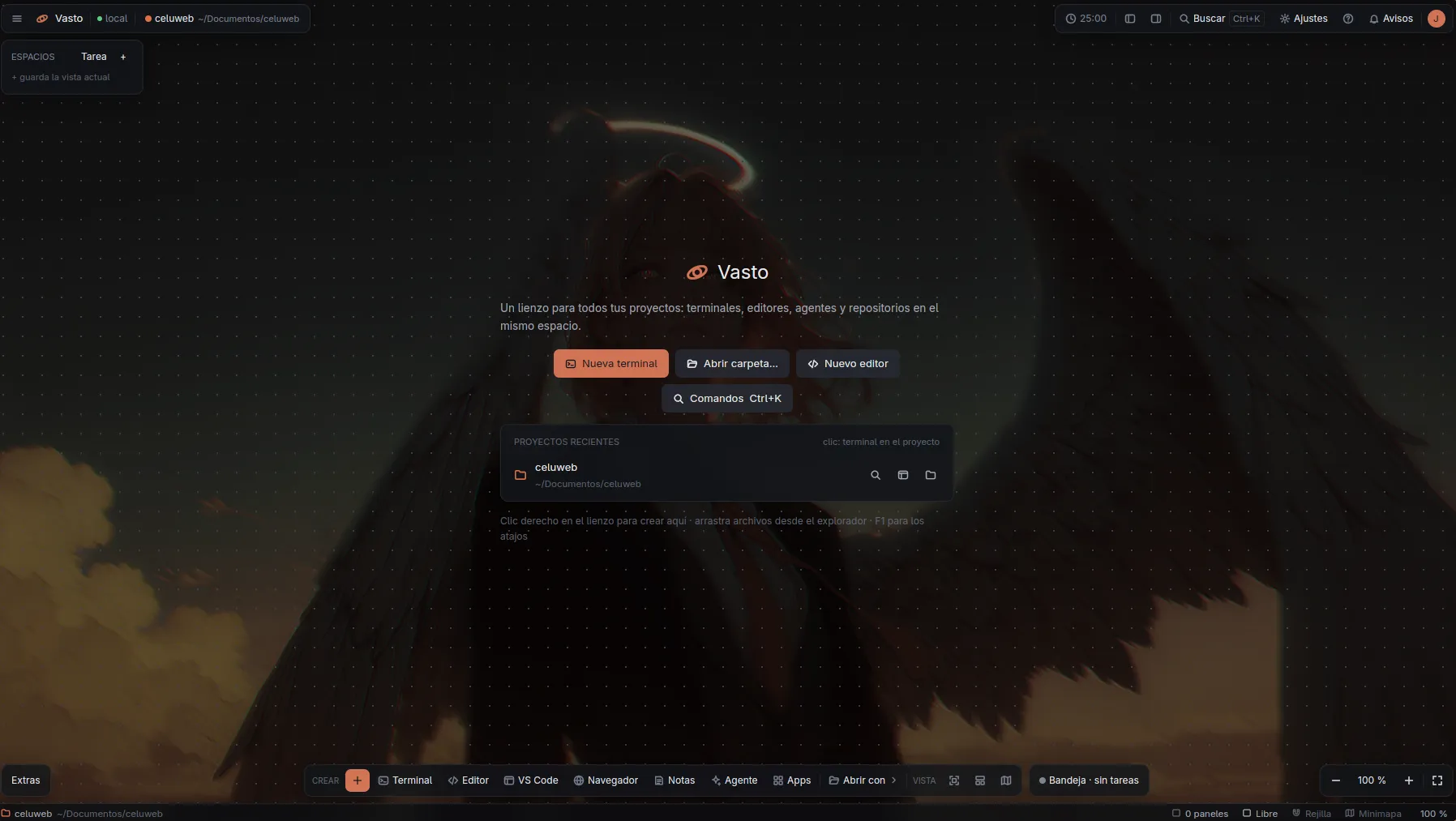 Pantalla de inicio de Vasto con nueva terminal, abrir carpeta, nuevo editor y proyectos recientes