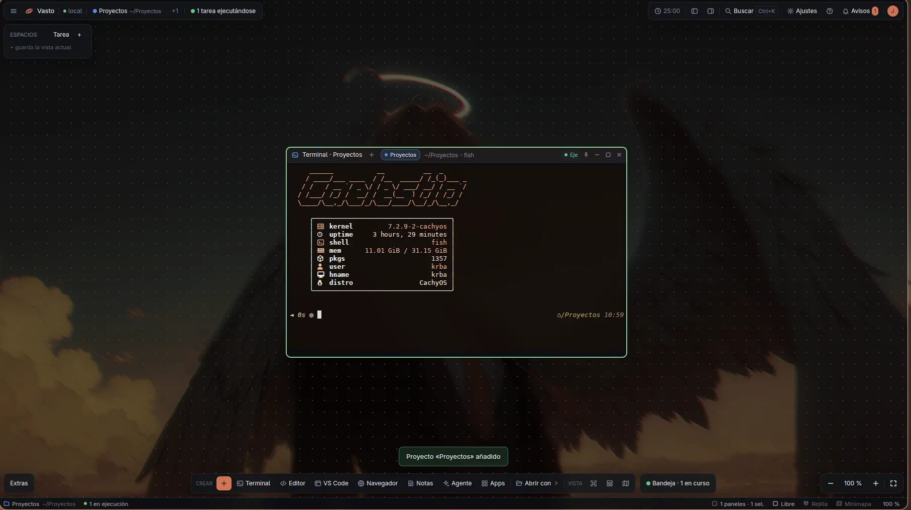 Terminal fish con fastfetch dentro de un panel del lienzo